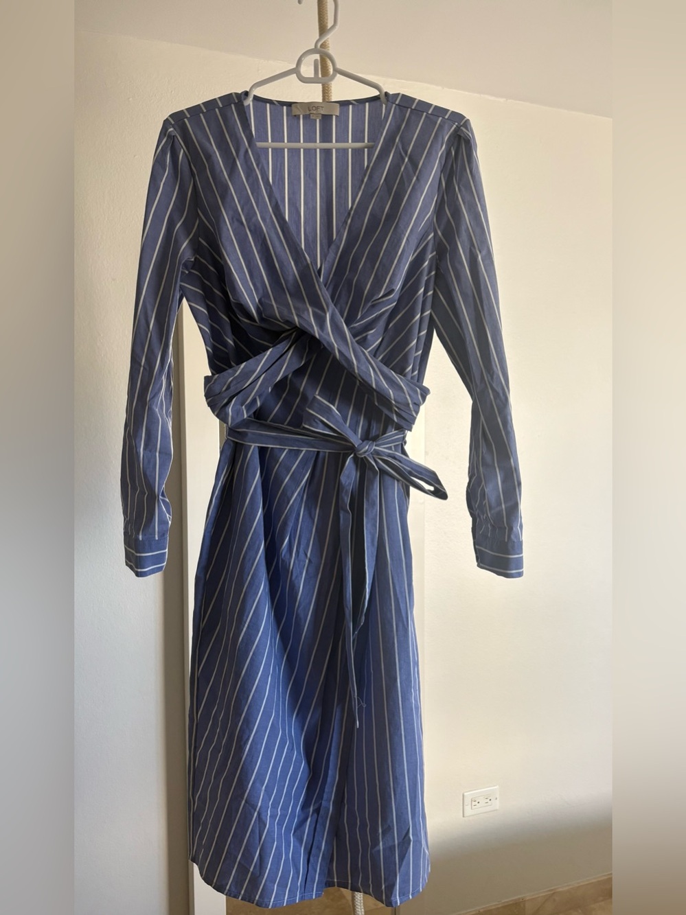 LOFT Navy and White Striped Wrap Midi Dress